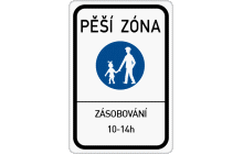 Dopravní značka „Pěší zóna (č. IZ 6a) označuje začátek pěší zóny (tj. oblasti, například část obce, určené především pro chodce). Ve spodní části značky se vyznačuje vhodným nápisem nebo symbolem, kterým vozidlům je vjezd do této oblasti povolen a popřípadě v jaké době. Platnost dopravní značky „Pěší zóna“ je ukončena až svislou dopravní značkou „Konec pěší zóny“ (č. IZ 6b). TestImage